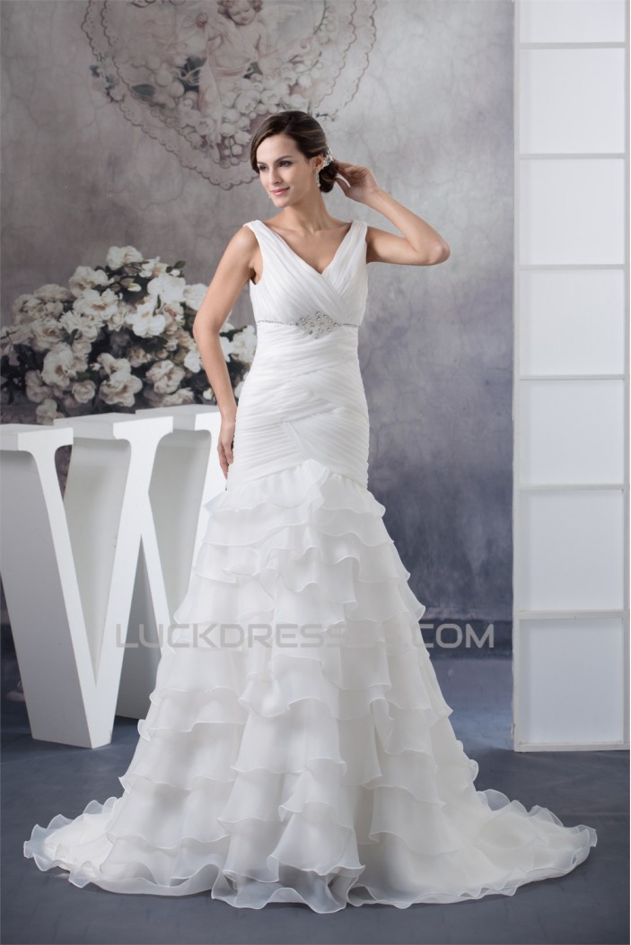 A-Line Sleeveless V-Neck Satin Organza Most Beautiful Beaded Wedding Dresses 2030037
