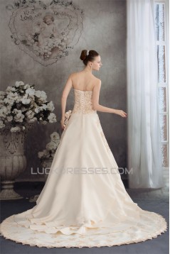 Elegant A-Line Sweetheart Chapel Train Beaded Satin Lace Wedding Dresses 2030043