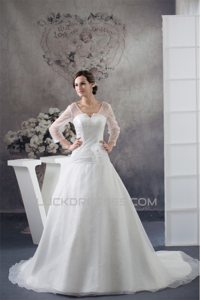 Amazing V-Neck A-Line Long Sleeve Satin Organza Sequins Wedding Dresses 2030060