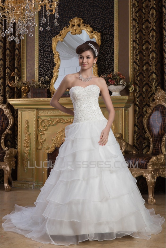 Sweetheart Satin A-Line Sleeveless Beaded Lace Wedding Dresses 2031020
