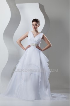 Unique Design V-Neck A-Line Satin Organza Beaded Sleeveless Wedding Dresses 2031044