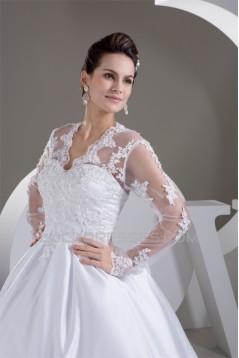 A-Line V-Neck Satin Fine Netting Long Sleeve Beaded Lace Wedding Dresses 2031047