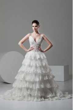 A-Line V-Neck Satin Organza Sleeveless Lace Embellished Wedding Dresses 2031048