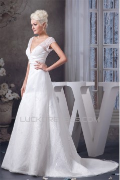 Wonderful A-Line Sleeveless V-Neck Satin Lace Wedding Dresses 2031061