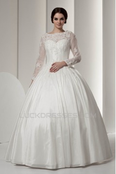 Wonderful Portrait Long Sleeve Satin Fine Netting Lace Floor-Length Wedding Dresses 2031066