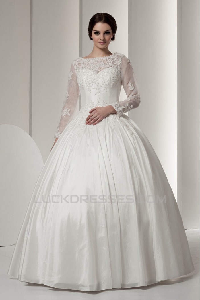Wonderful Portrait Long Sleeve Satin Fine Netting Lace Floor-Length Wedding Dresses 2031066