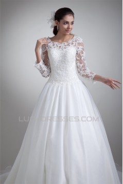 A-Line 3/4 Length Sleeve Satin Organza Scoop Most Beautiful Wedding Dresses 2031076