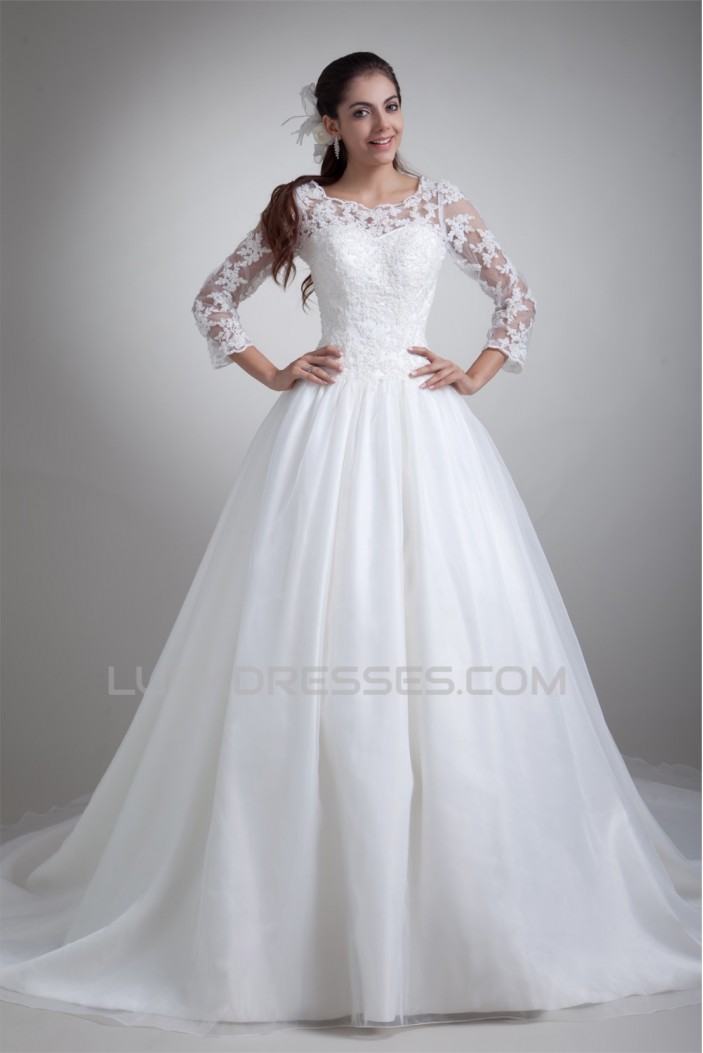 A-Line 3/4 Length Sleeve Satin Organza Scoop Most Beautiful Wedding Dresses 2031076