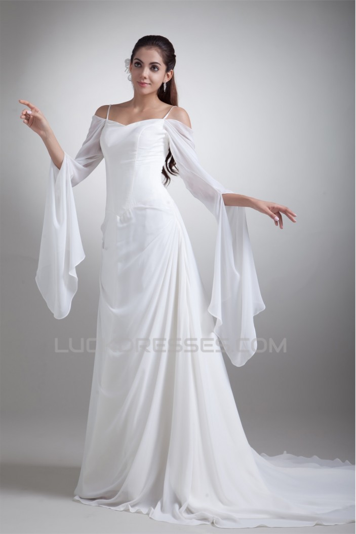 A-Line Chiffon Satin Spaghetti Straps 3/4 Length Sleeve Wedding Dresses 2031078