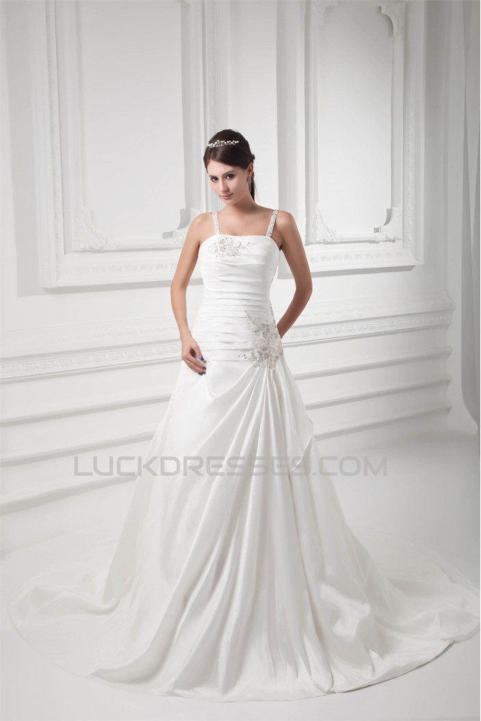 A-Line Sleeveless Taffeta Spaghetti Straps Beaded Wedding Dresses 2031088