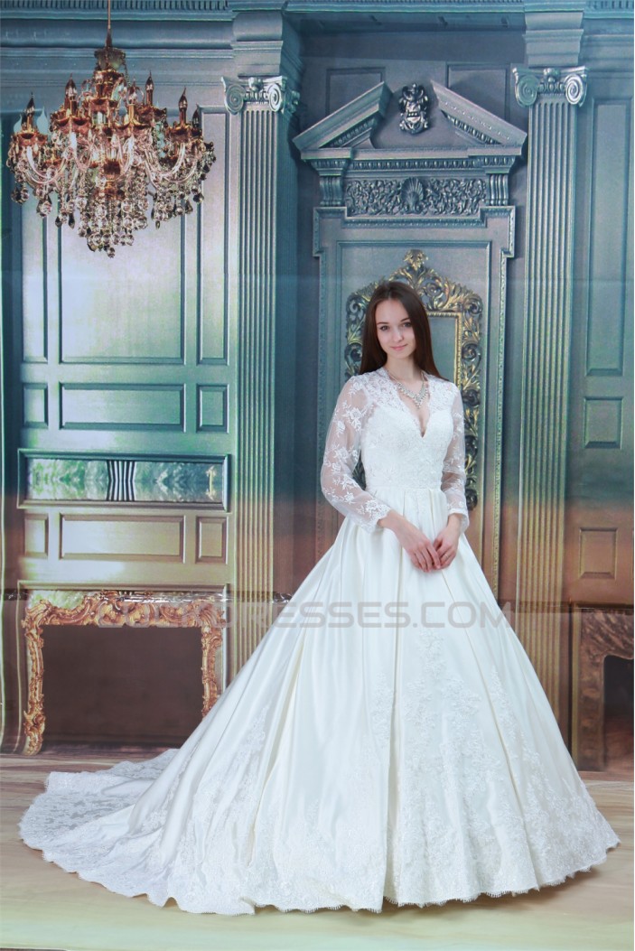 Amazing Ball Gown Long Sleeve Satin Lace V-Neck Wedding Dresses 2031105