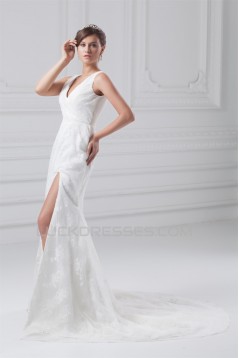 Amazing Sleeveless Sheath/Column Satin Lace V-Neck Wedding Dresses 2031116