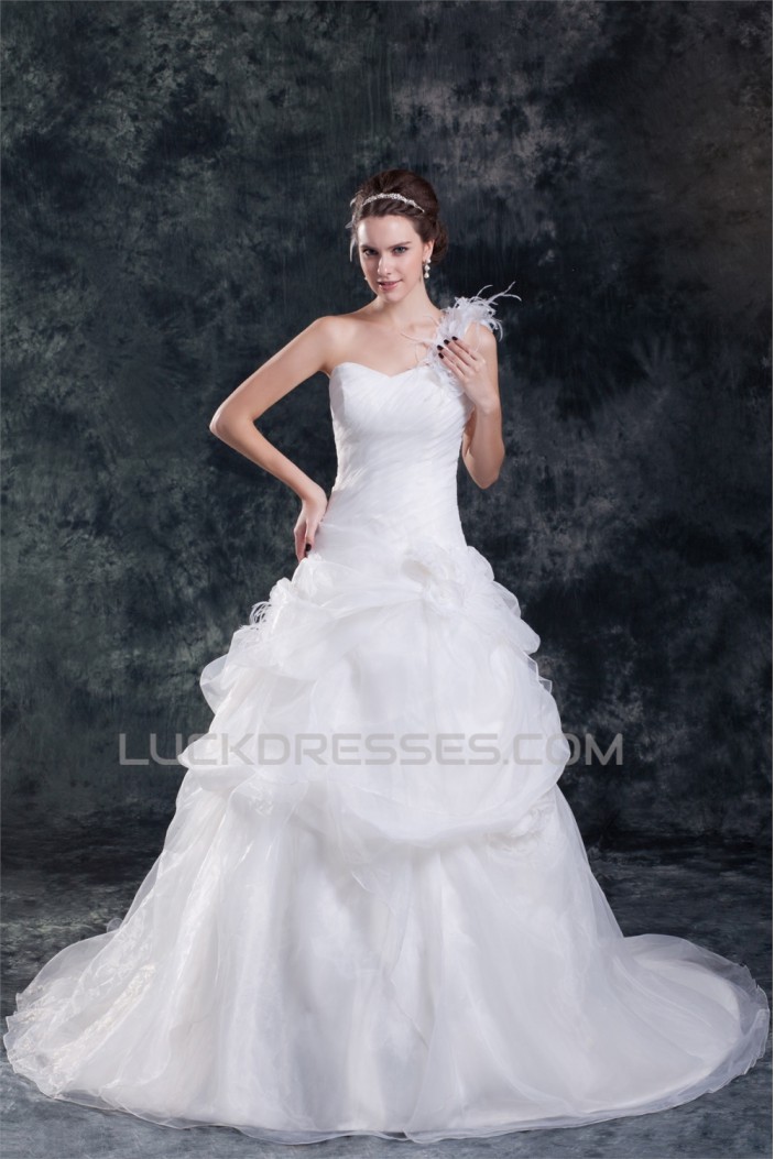 Ball Gown Satin Organza One-Shoulder Sleeveless Sweet Wedding Dresses 2031123