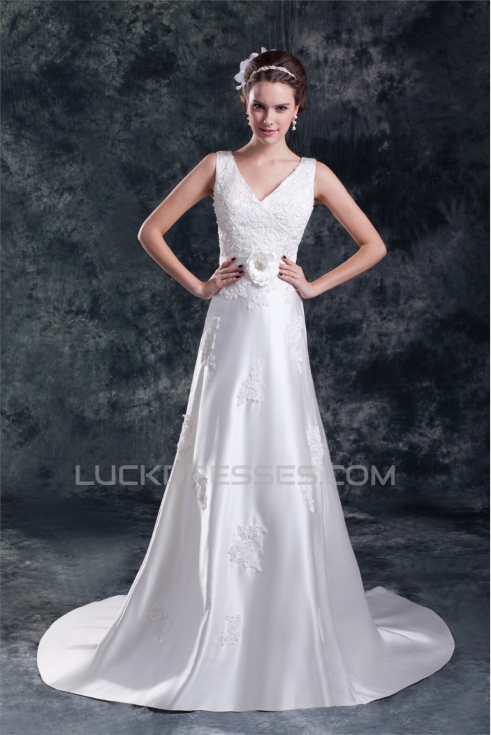 Breathtaking V-Neck Sleeveless A-Line Satin New Arrival Wedding Dresses 2031143