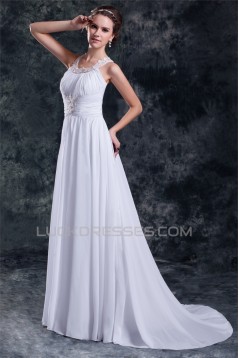Chiffon Satin A-Line Sleeveless Scoop Sweep Train Wedding Dresses 2031149