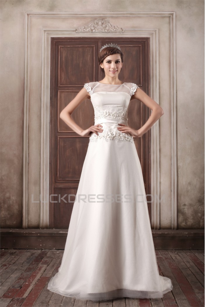 Custom Made A-Line Satin Tulle High-Neck Sweet Wedding Dresses 2031159