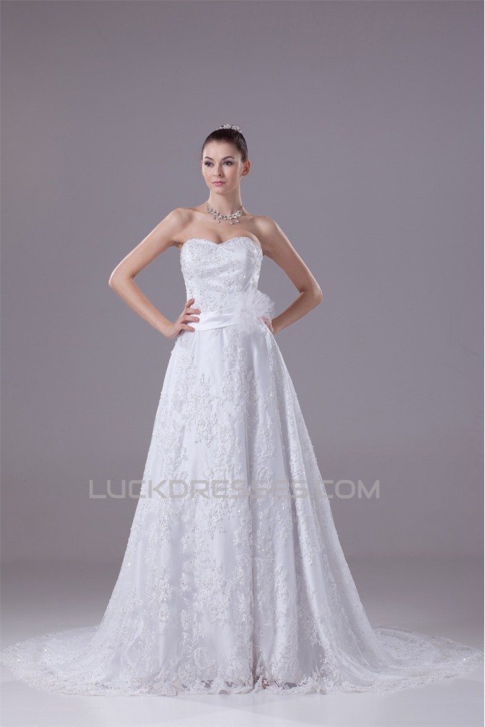 A-Line Sweetheart Beaded Lace Court Train Wedding Dresses 2030116
