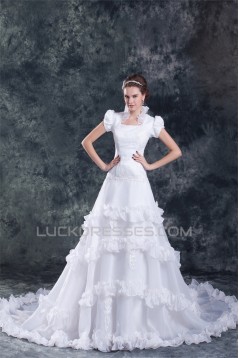 A-Line Square Short Sleeve Satin Organza Best Wedding Dresses 2031160