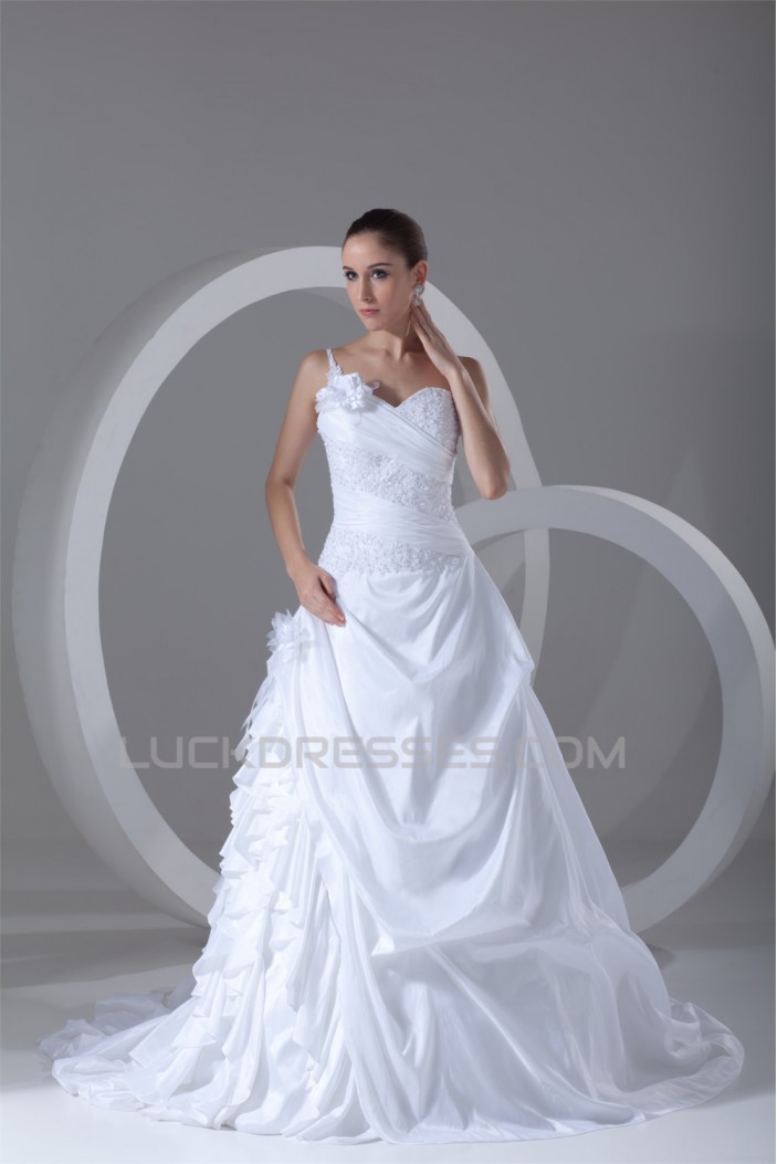 Elegant One-Shoulder A-Line Sleeveless Taffeta Lace Wedding Dresses 2031167