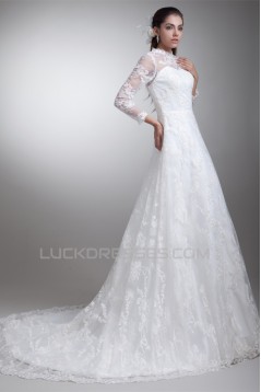 Elegant Satin Lace High-Neck 3/4 Length Sleeve A-Line Lace Wedding Dresses 2031169