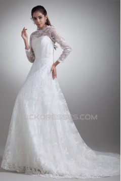 Elegant Satin Lace High-Neck 3/4 Length Sleeve A-Line Lace Wedding Dresses 2031169