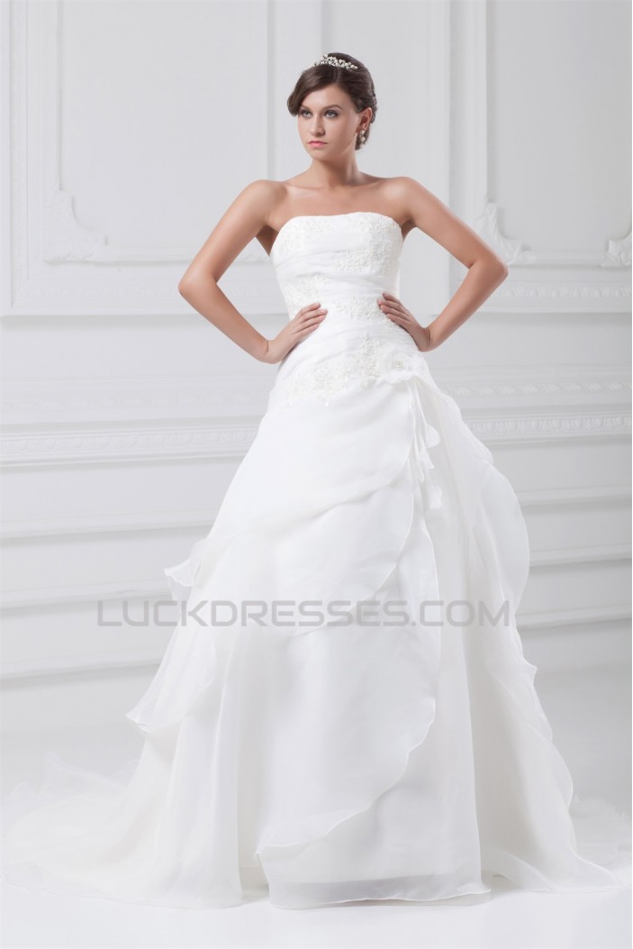 Elegant Strapless Satin Organza Sleeveless A-Line Wedding Dresses 2031174