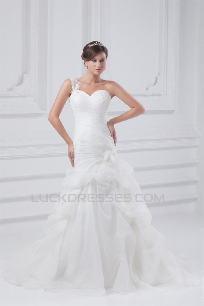Fantastic Sleeveless A-Line One-Shoulder Satin Organza Wedding Dresses 2031182