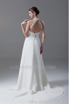 A-Line Chiffon Satin Halter Sleeveless Wedding Dresses 2031198