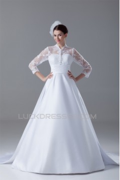 Great Long Sleeve High-Neck Satin Lace A-Line Wedding Dresses 2031214
