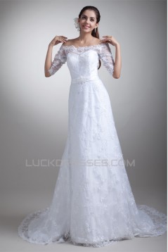 Half Elbow Sleeve Satin Lace A-Line Off-the-Shoulder Embellished Wedding Dresses 2031219