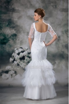 Half Elbow Sleeve Square Satin Lace Fine Netting Trumpet/Mermaid Wedding Dresses 2031220