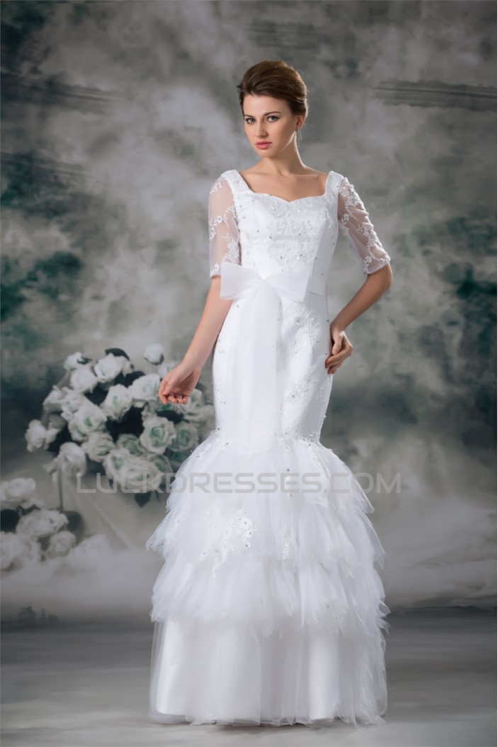 Half Elbow Sleeve Square Satin Lace Fine Netting Trumpet/Mermaid Wedding Dresses 2031220