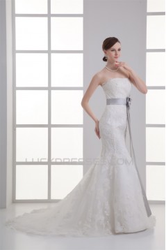 Elegant Mermaid/Trumpet Strapless Satin Lace Fine Netting Wedding Dresses with Color 2031239