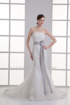 Elegant Mermaid/Trumpet Strapless Satin Lace Fine Netting Wedding Dresses with Color 2031239