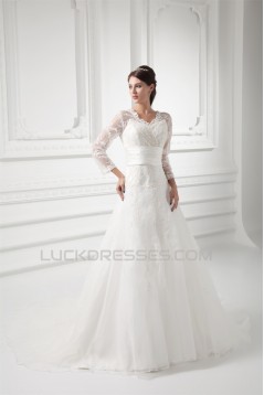 New Style A-Line Long Sleeve V-Neck Satin Organza Lace Wedding Dresses 2031258