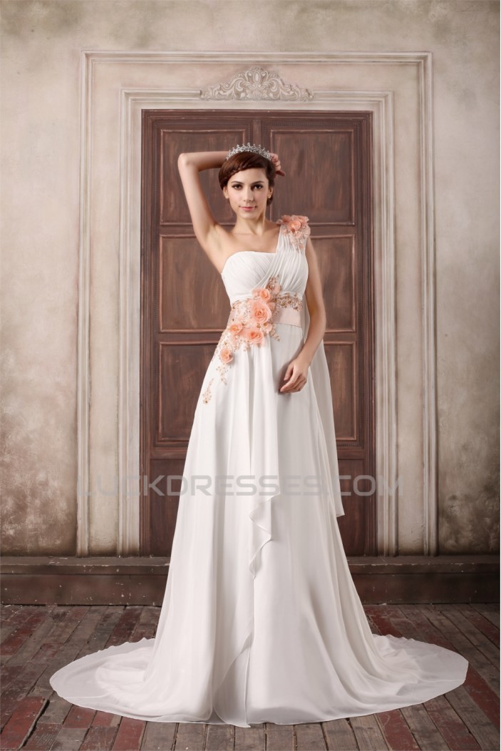 One-Shoulder A-Line Sleeveless Chiffon Satin Wedding Dresses with Jackets 2031262