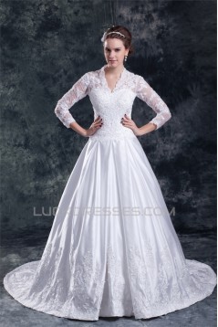 Satin Lace A-Line 3/4 Length Sleeve V-Neck Embellished Wedding Dresses 2031266