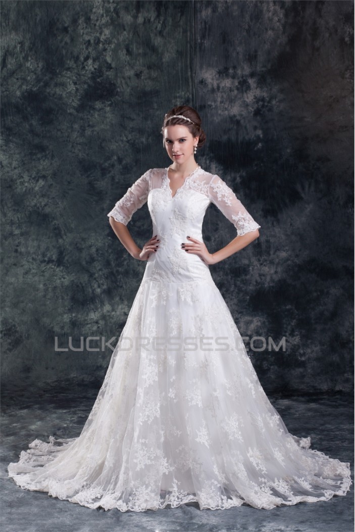 Satin Lace A-Line V-Neck Half Elbow Sleeve Sweet Wedding Dresses 2031272