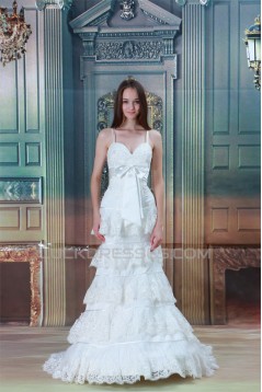 Satin Lace Mermaid/Trumpet Sleeveless Spaghetti Straps Wedding Dresses 2031276