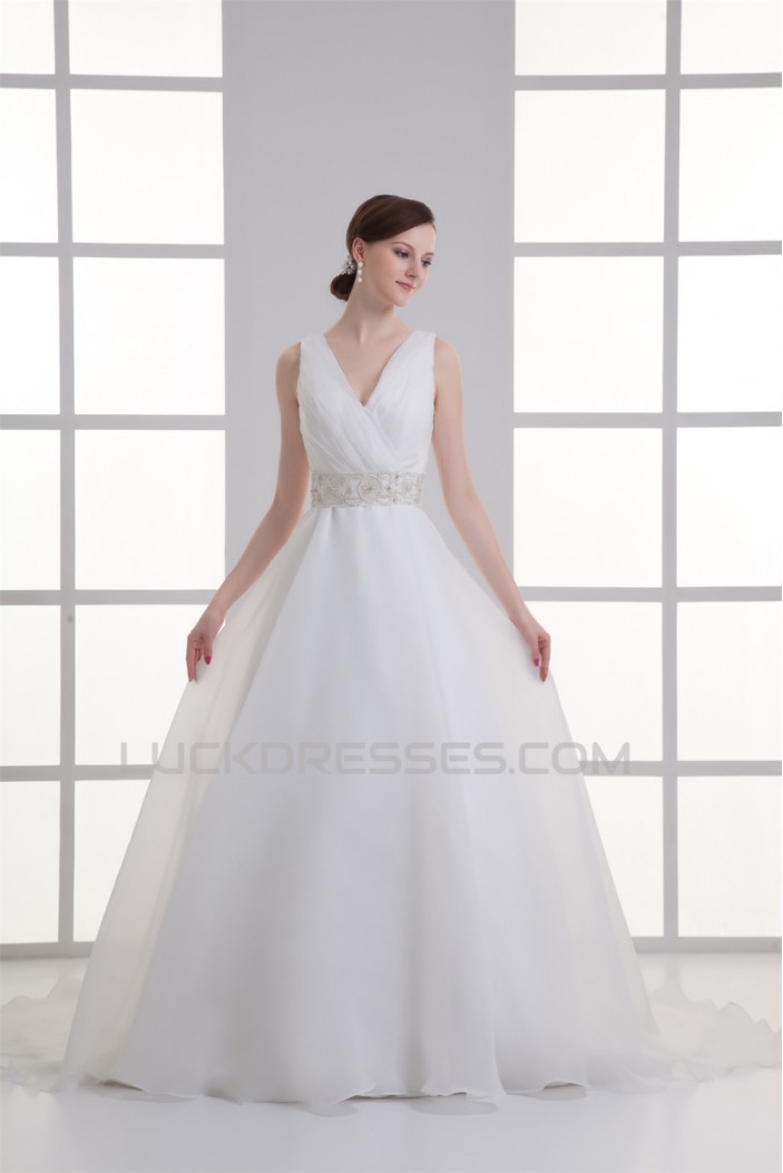 A-Line Satin Organza Sleeveless V-Neck Beaded Wedding Dresses 2031294