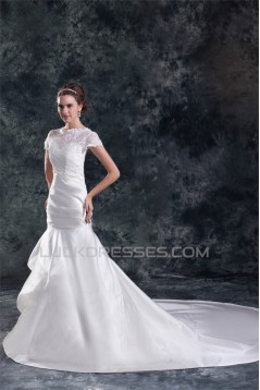 Short Sleeve Mermaid/Trumpet Bateau Satin Lace Beautiful Wedding Dresses 2031312