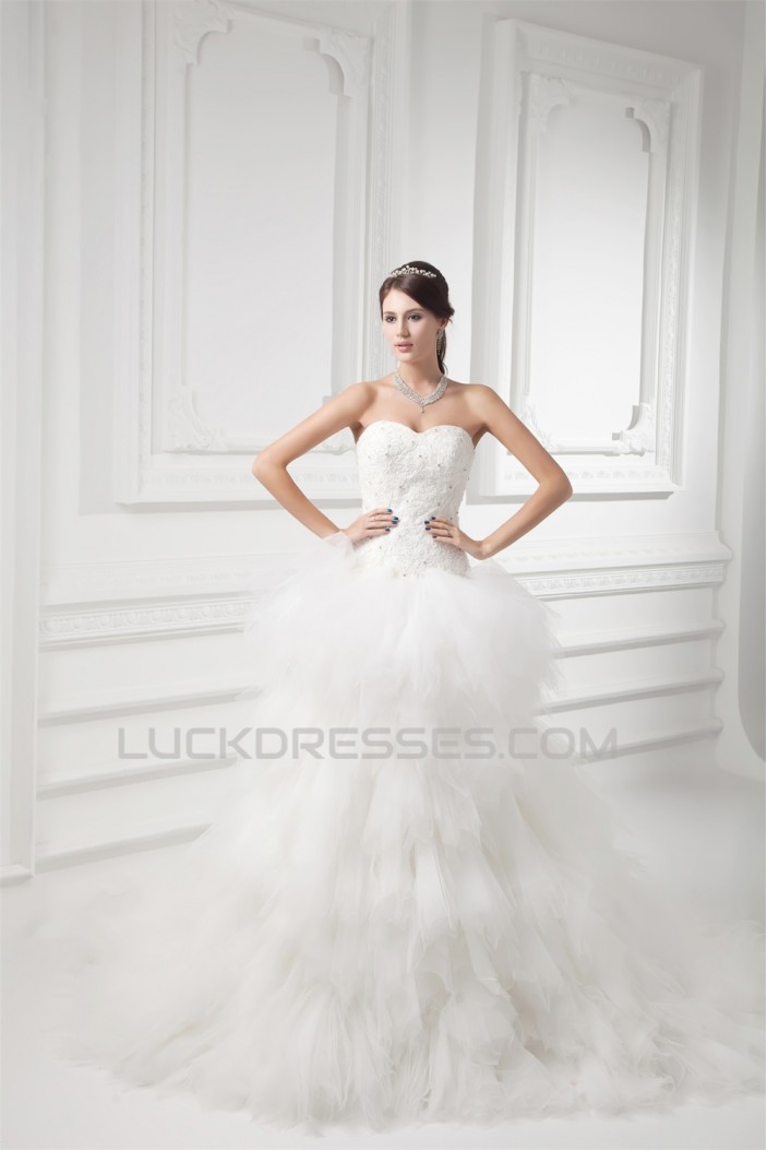 Sleeveless A-Line Strapless Satin Fine Netting Beaded Lace Wedding Dresses 2031315