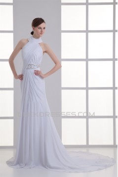 Sleeveless Sheath/Column High-Neck Chiffon Beaded Wedding Dresses 2031339