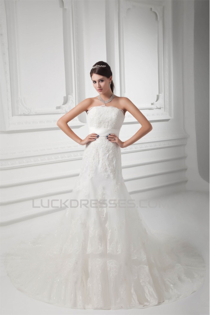 Sleeveless Strapless Satin Lace Fine Netting Wedding Dresses 2031351