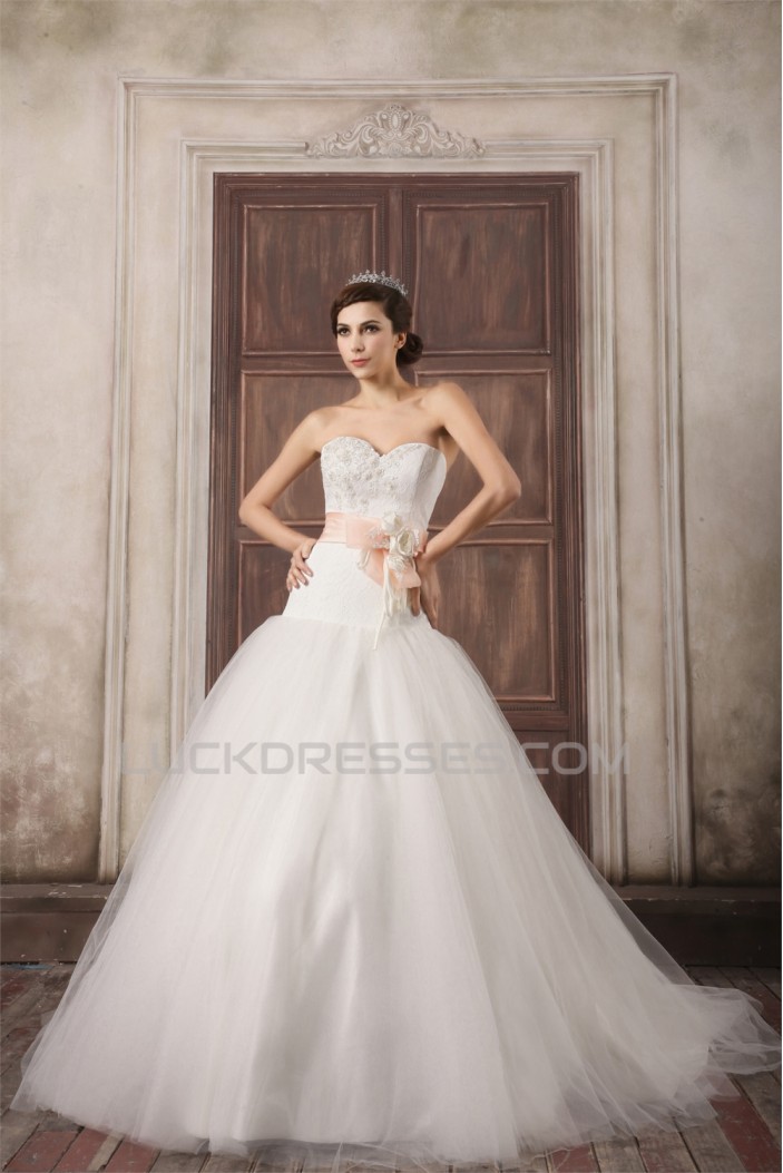 Sweetheart Ball Gown Satin Lace Fine Netting Sweet Wedding Dresses 2031381