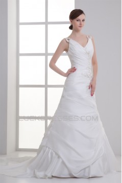 Taffeta Sleeveless Mermaid/Trumpet V-Neck Beaded Wedding Dresses 2031403