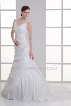 Taffeta Sleeveless Mermaid/Trumpet V-Neck Beaded Wedding Dresses 2031403