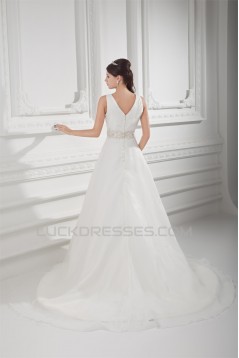 Unique Design V-Neck A-Line Sleeveless Satin Organza Beaded Wedding Dresses 2031412