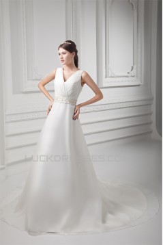 Unique Design V-Neck A-Line Sleeveless Satin Organza Beaded Wedding Dresses 2031412