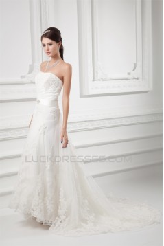 Wholesale Sheath/Column Satin Netting Sleeveless Lace Wedding Dresses 2031418